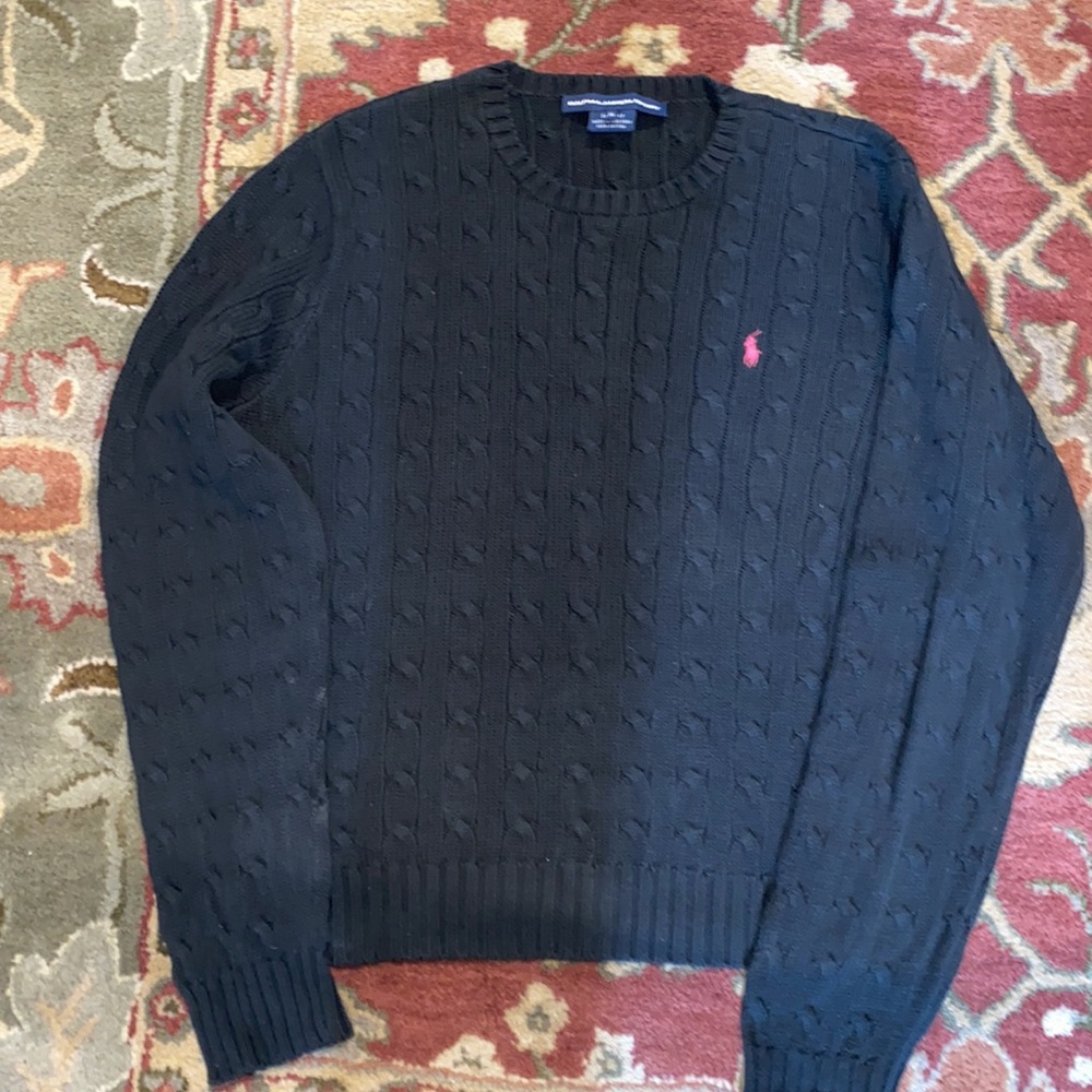 Ralph Lauren Black Cable Knit Crewneck Sweater with Pink Pony